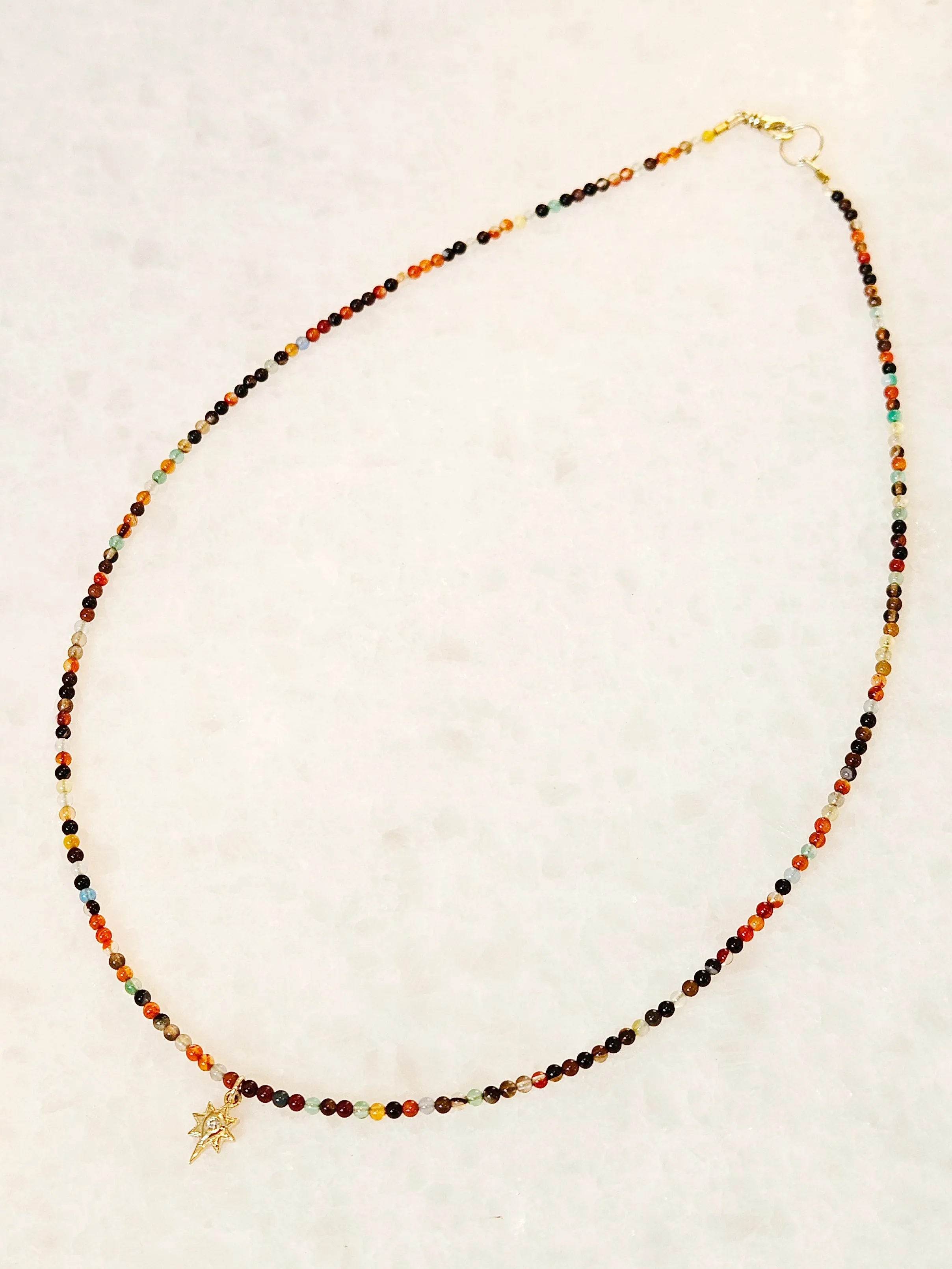 14K Yellow Gold Multicolor Natural Agate Micro Gemstone Bead Necklace with Diamond Star Charm 17"