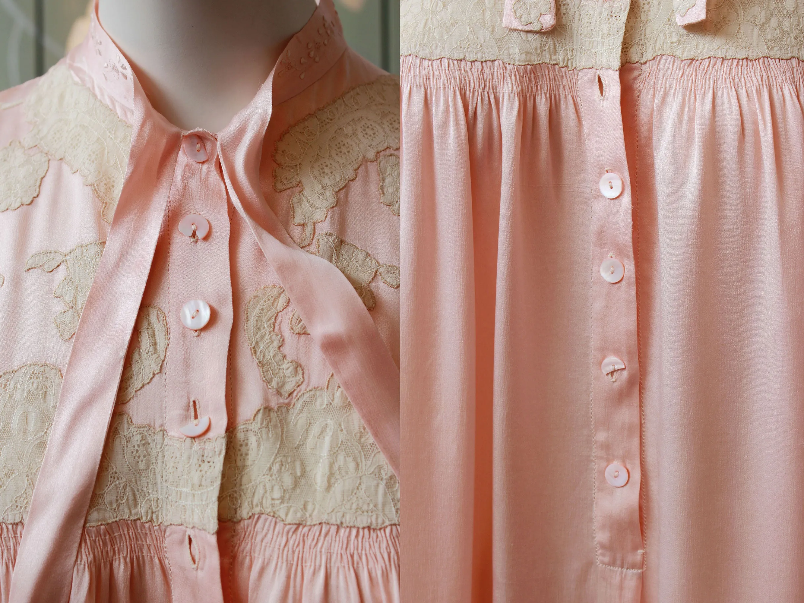 1930s Pink Silk Robe With Lace Yolk