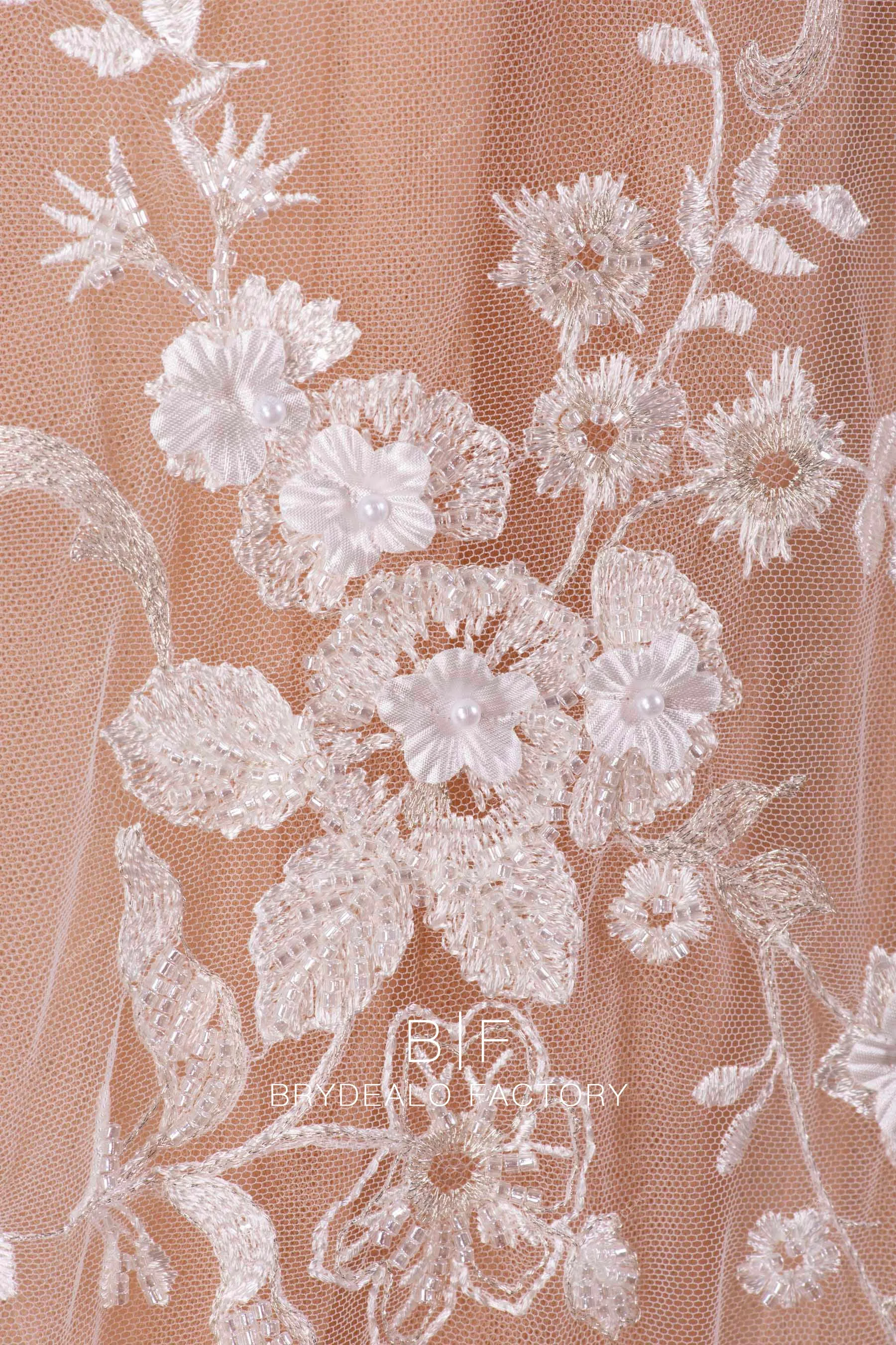 3D Flower Beaded Champagne Accent Botany Embroidery Lace