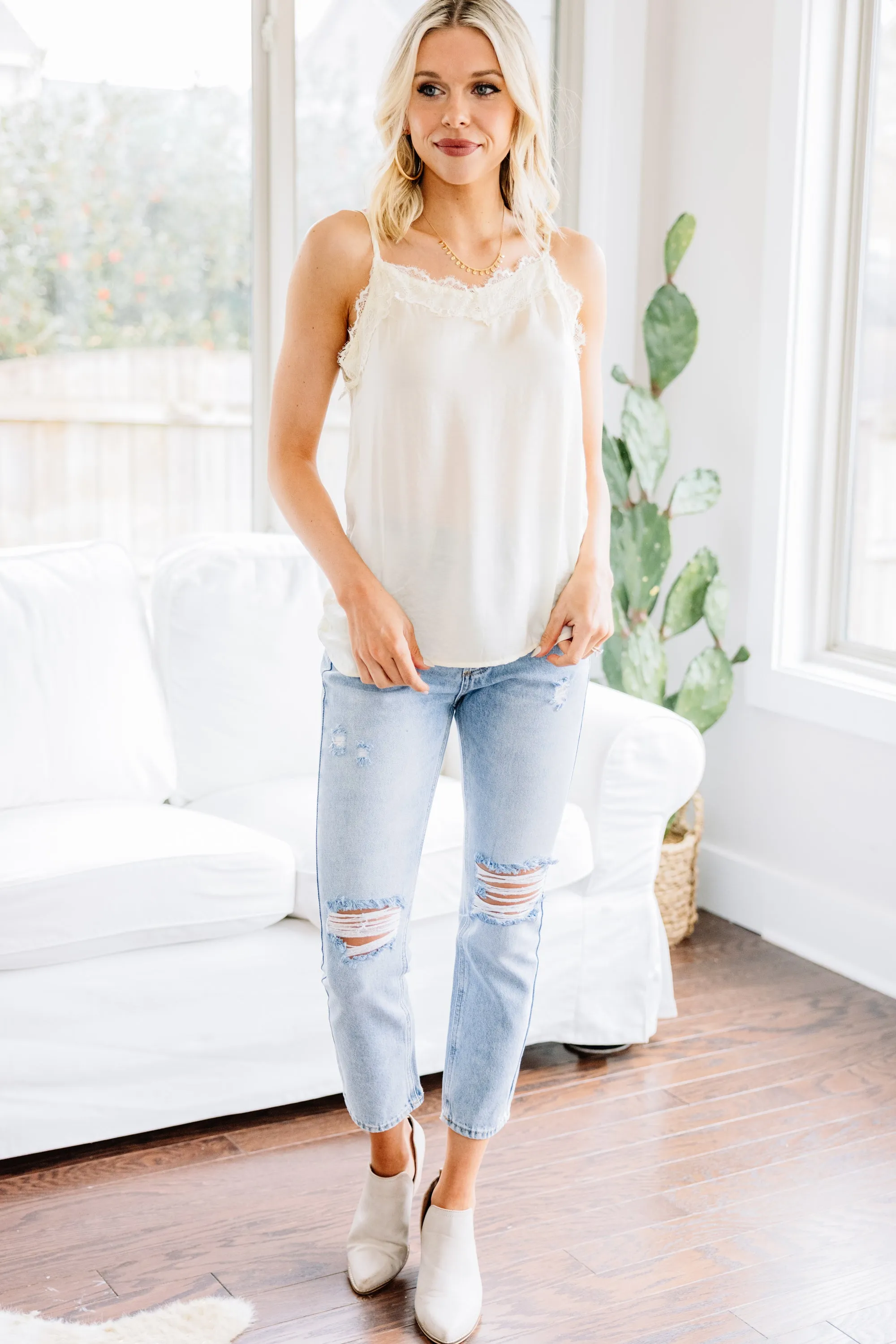 Accept The Truth Ivory White Lace Trim Tank