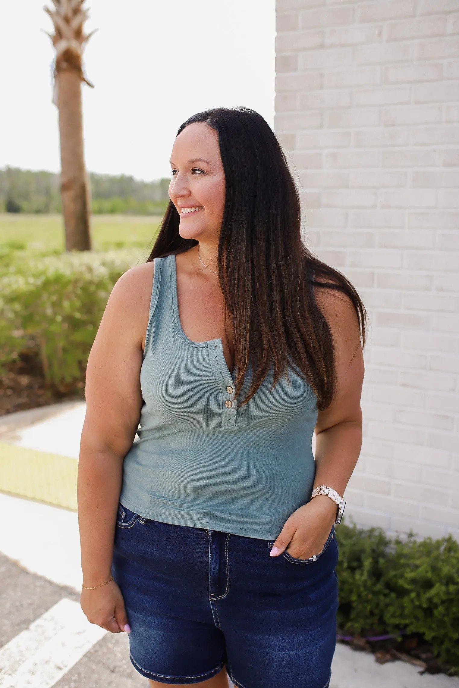 ASC Carefree Henley Tank Top- Agave Green