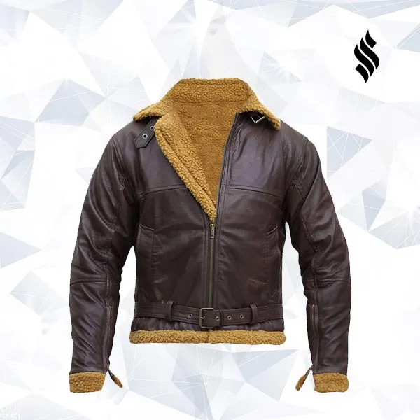 B3 Men Flying Aviator Winter Shearling Fur Pilot Sheepskin Bomber Leather Jacket