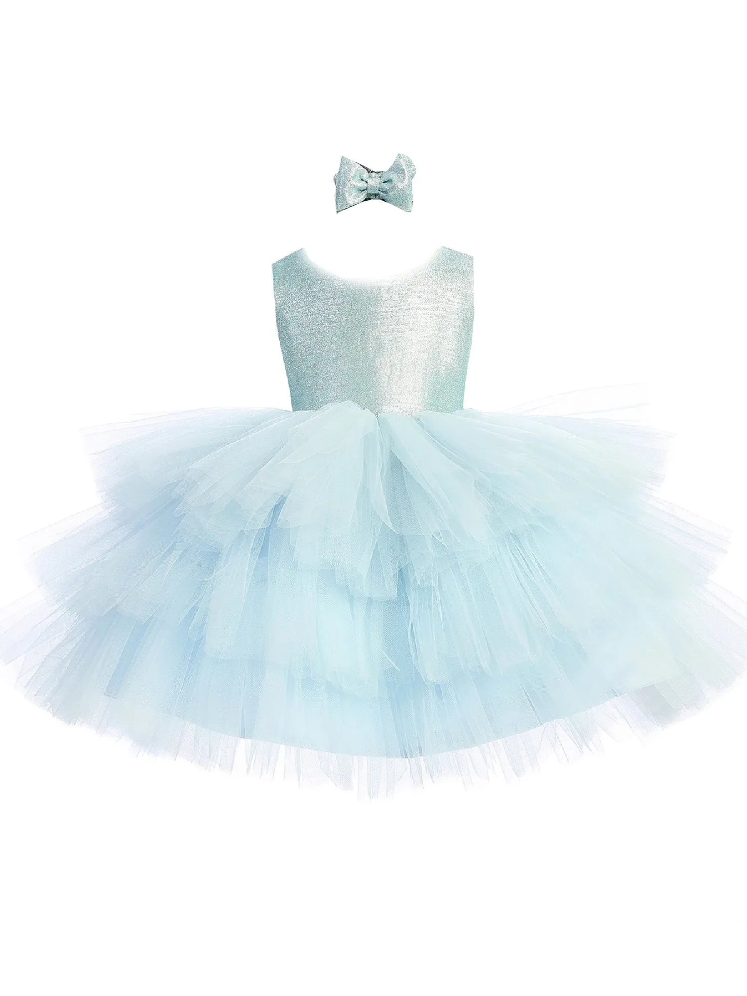 Baby Girls Sky Blue Metallic Glitter Layered Tulle Flower Girl Dress 6-24M