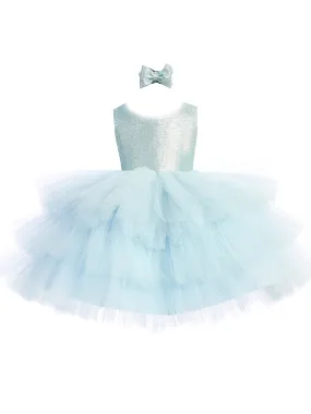 Baby Girls Sky Blue Metallic Glitter Layered Tulle Flower Girl Dress 6-24M