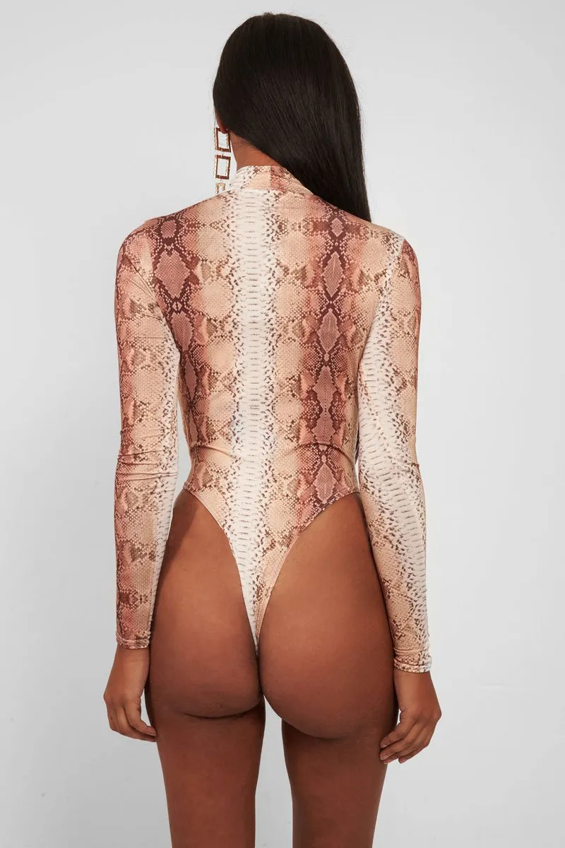 Beige Snake Print Slinky High Neck Bodysuit - Abira