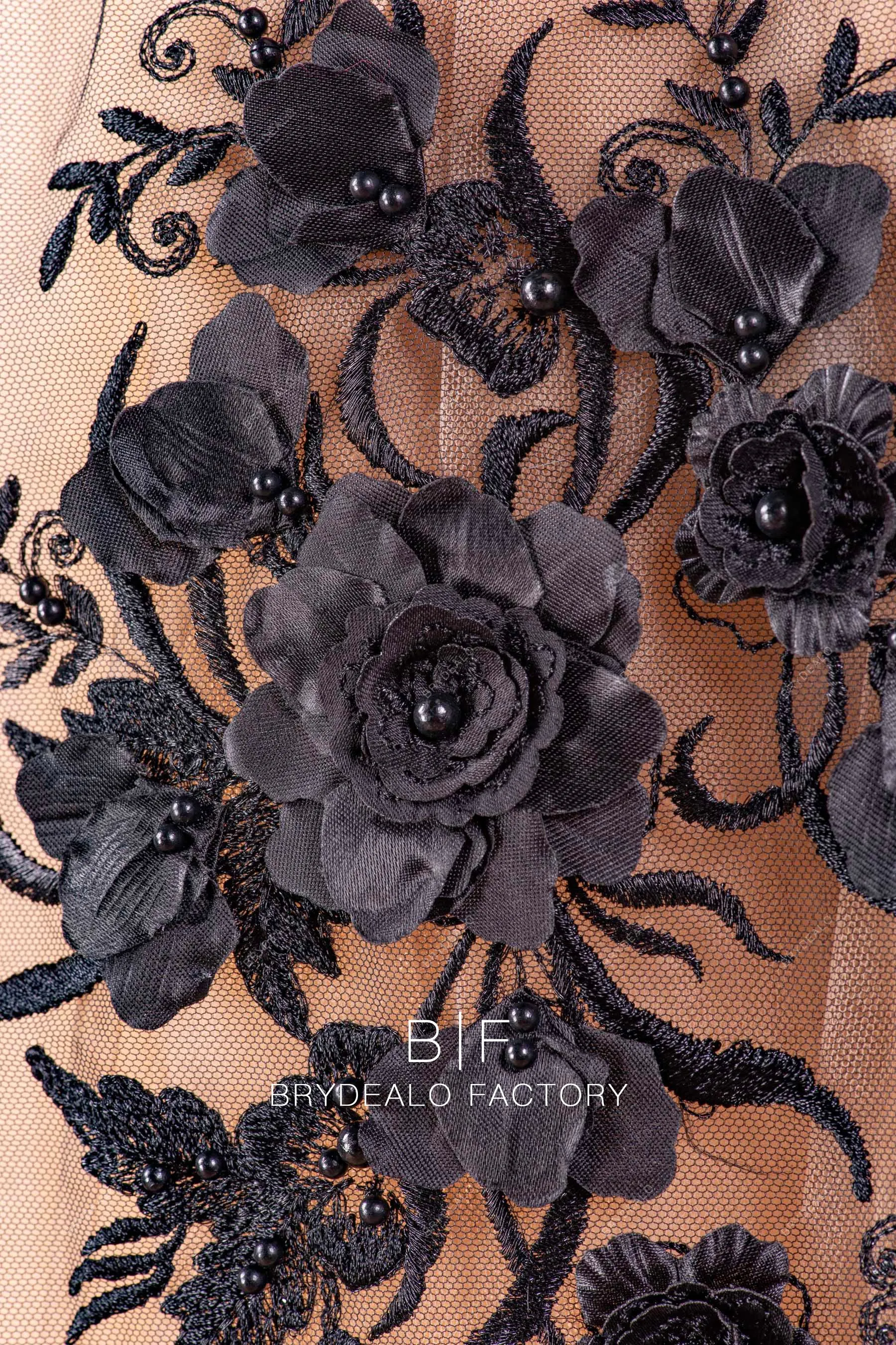 Black 3D Flower Embroidered Lace Fabric