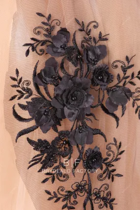 Black 3D Flower Embroidered Lace Fabric