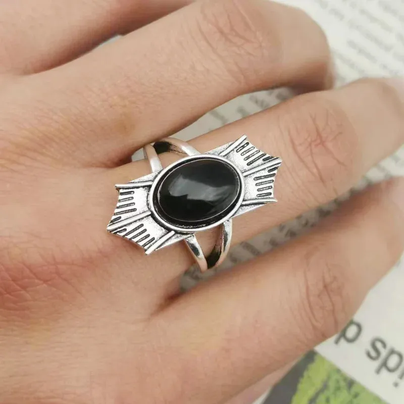 Black Bohemian Silver Fashion Vintage Gem Ring