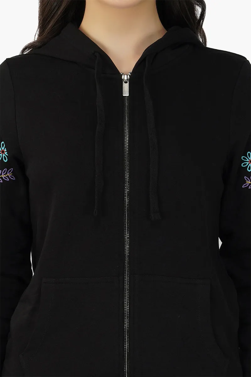 Black embroidered Long sleeve hooded jacket