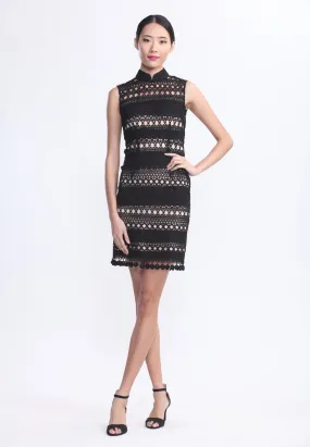 Black Lace and Beige Stripe Sleeveless Qipao