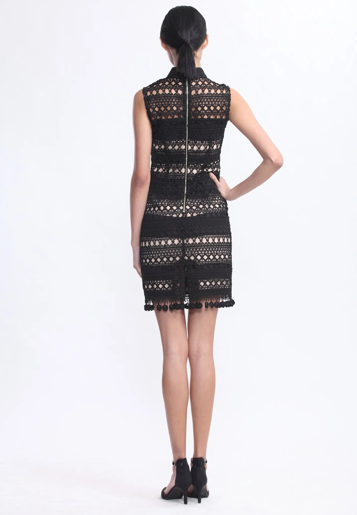 Black Lace and Beige Stripe Sleeveless Qipao