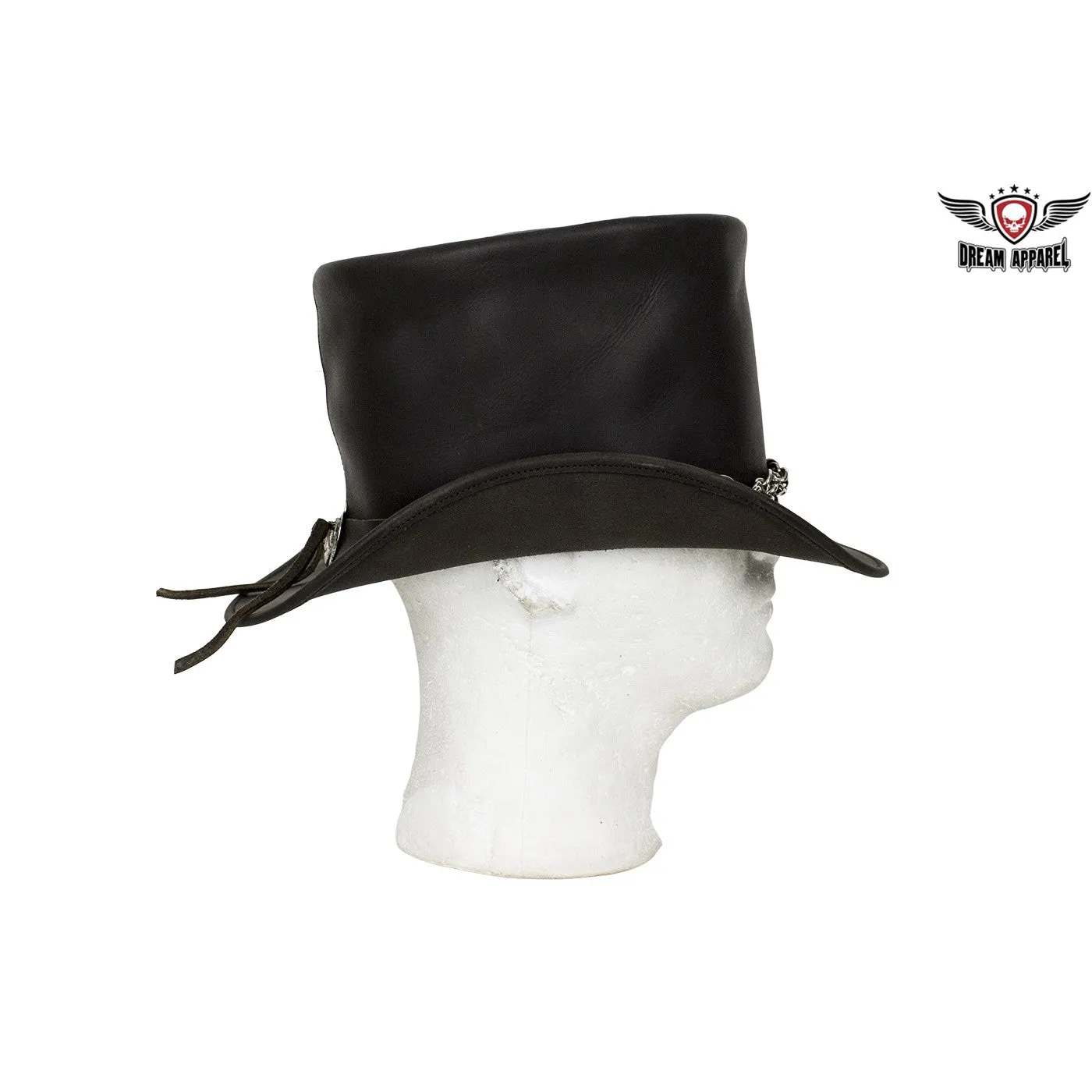 Black Leather Deadman Top Hat with Chrome Chain