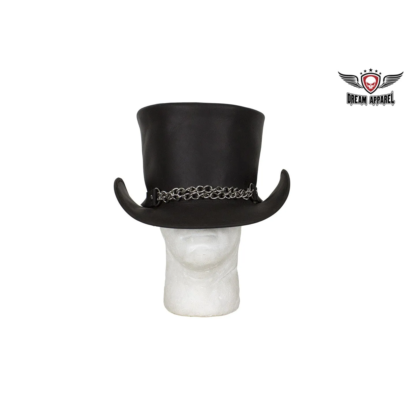 Black Leather Deadman Top Hat with Chrome Chain