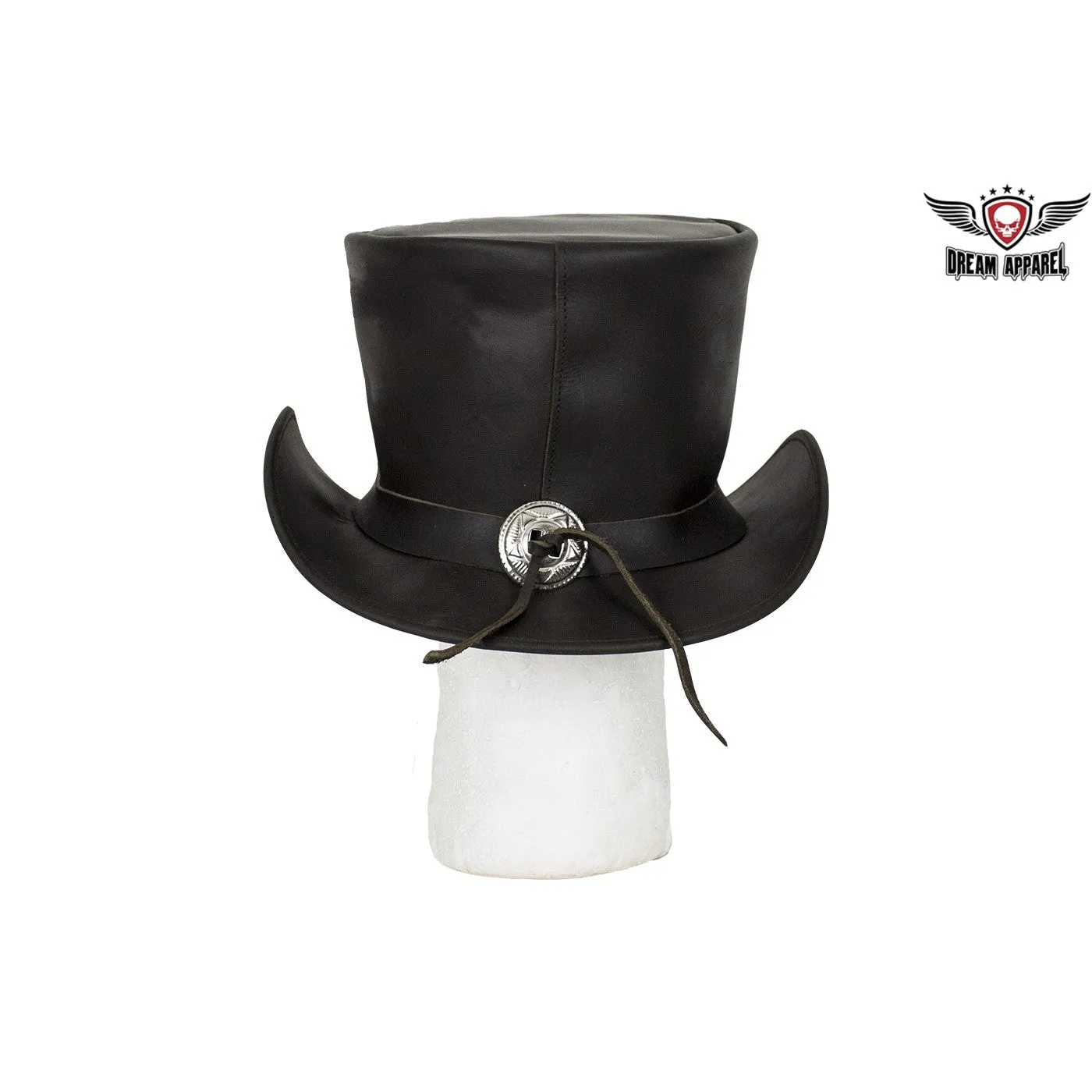 Black Leather Deadman Top Hat with Chrome Chain