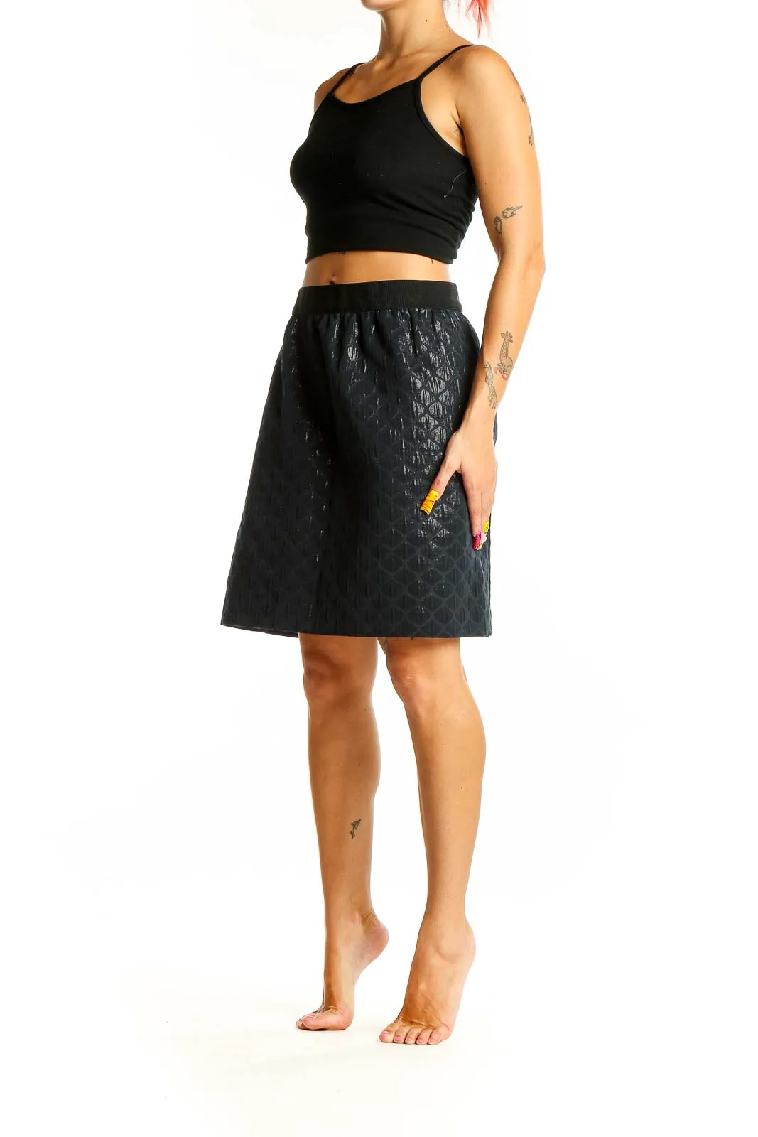 Black Metallic Textured A-Line Skirt