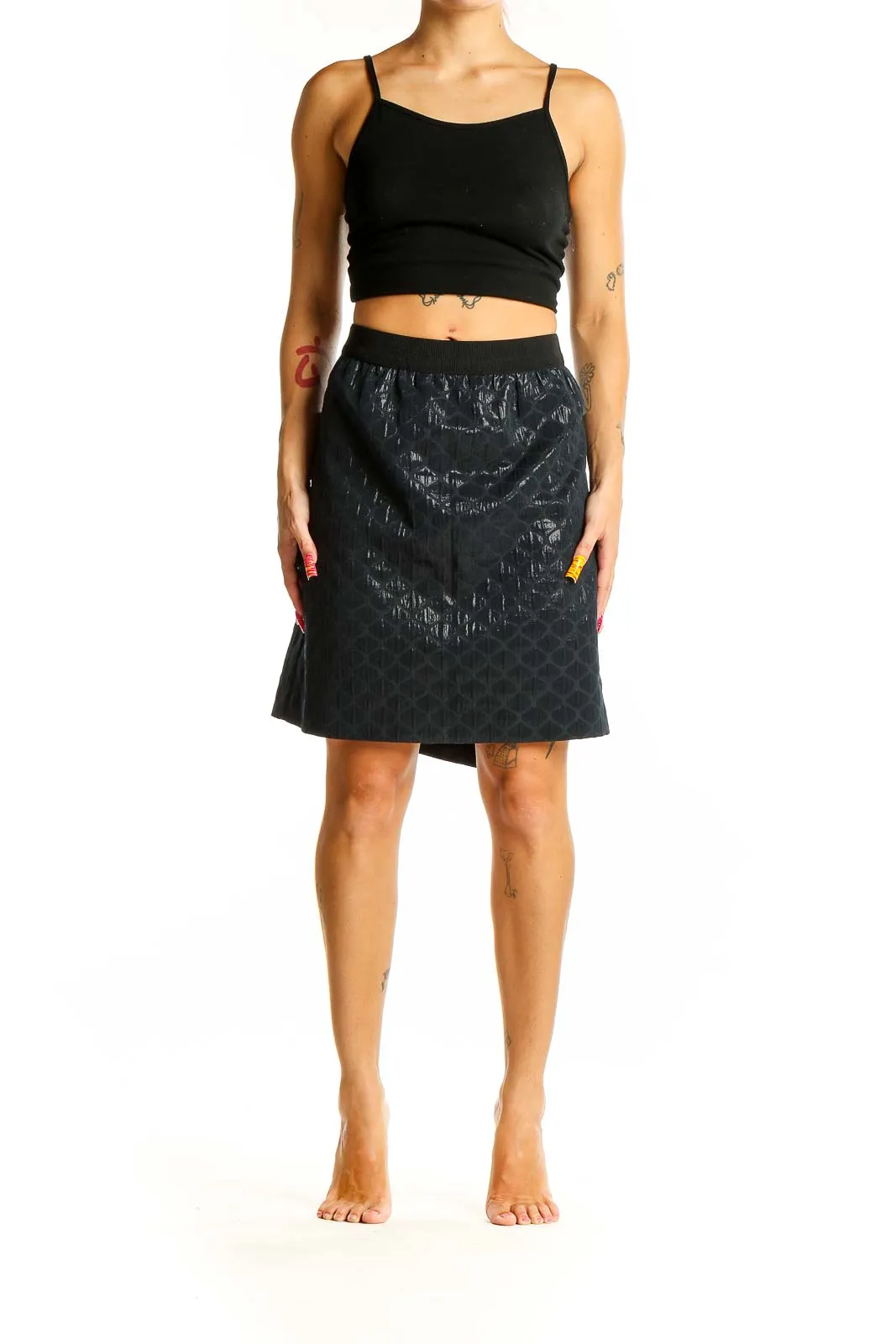 Black Metallic Textured A-Line Skirt