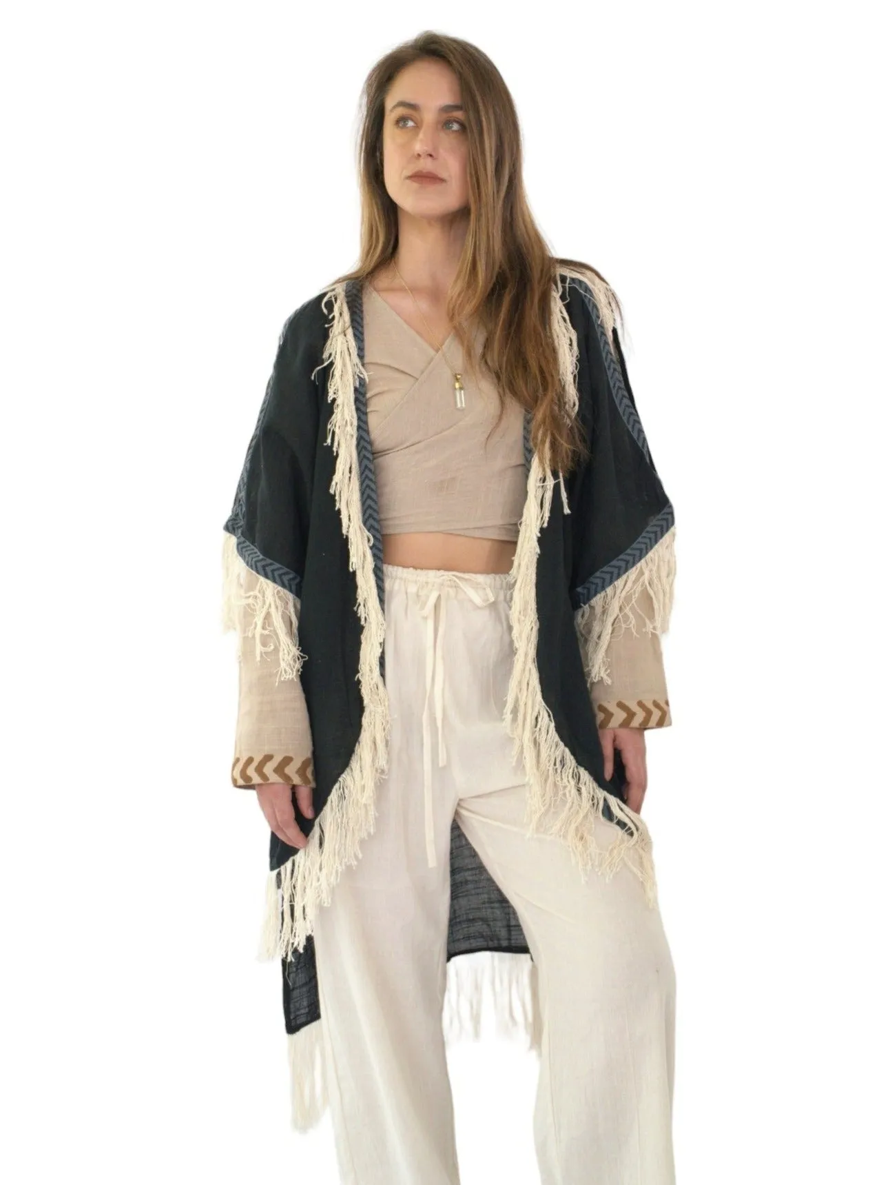 Black Organic Cotton Shrug with Fringe