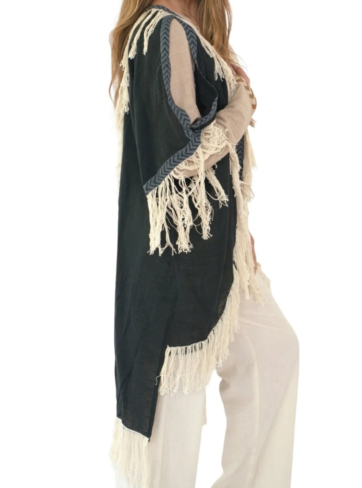 Black Organic Cotton Shrug with Fringe