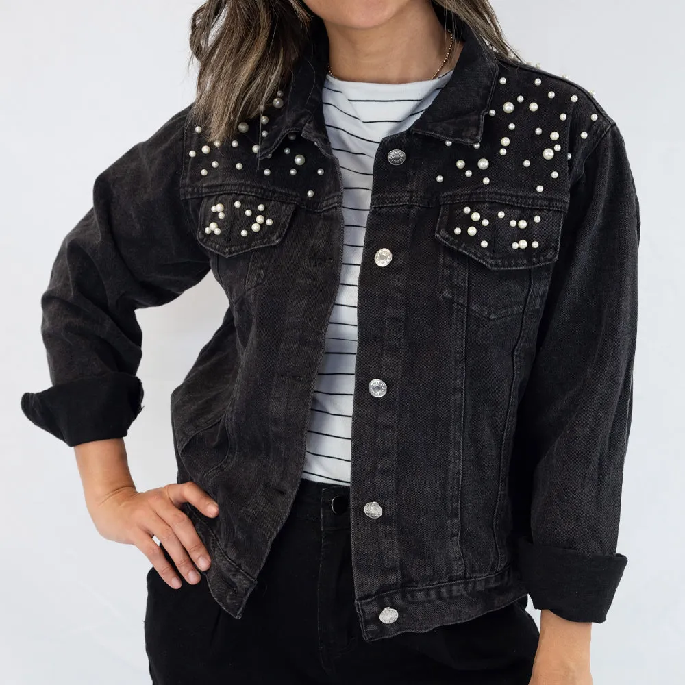 (Black Pearl) Custom Future Mrs. Collins  Pearl Denim Jacket