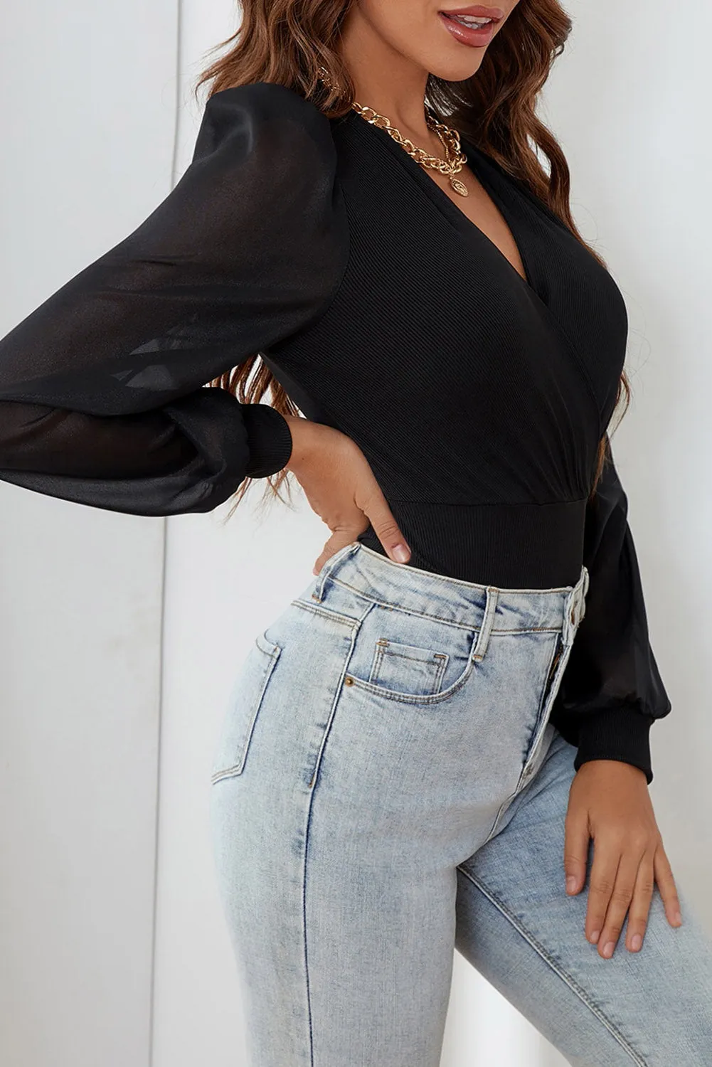 Black Solid Colour V Neck Wrap Mesh Sleeves Bodysuit