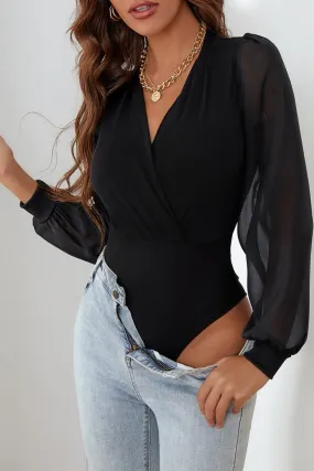 Black Solid Colour V Neck Wrap Mesh Sleeves Bodysuit