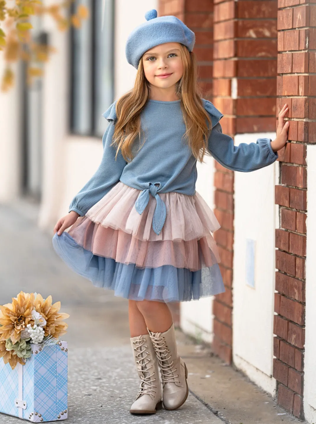 Blue Ruffle Top and Layered Tutu Skirt Set