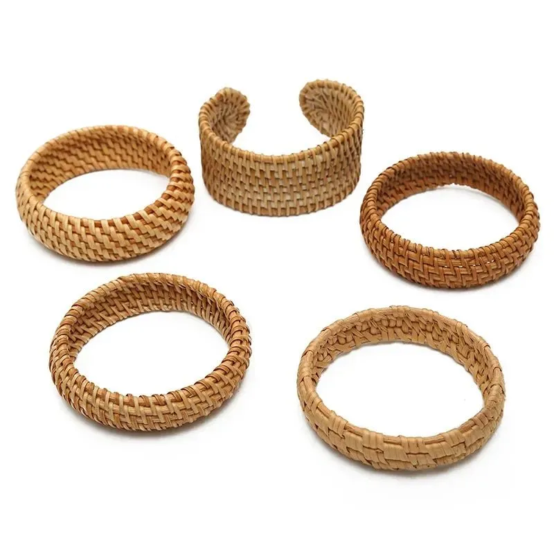 Boho Chic Handmade Bamboo & Rattan Weave Bangles - Bohemian Beach Style Bracelet for Women