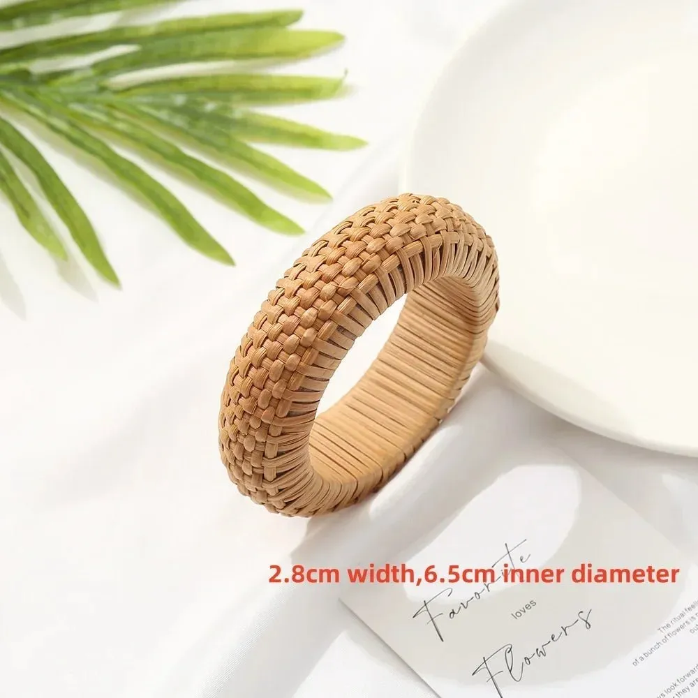 Boho Chic Handmade Bamboo & Rattan Weave Bangles - Bohemian Beach Style Bracelet for Women