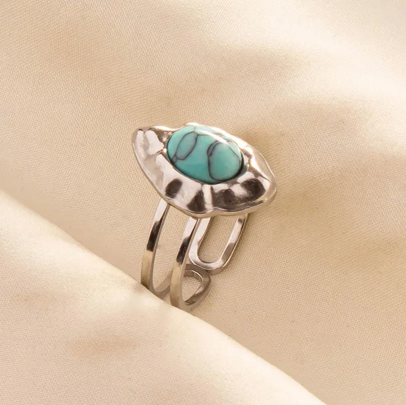 Boho Turquoise Adjustable Ring - Stainless Steel Ethnic Jewelry