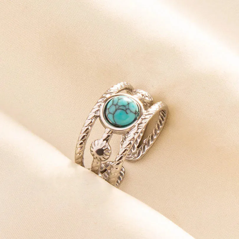 Boho Turquoise Adjustable Ring - Stainless Steel Ethnic Jewelry