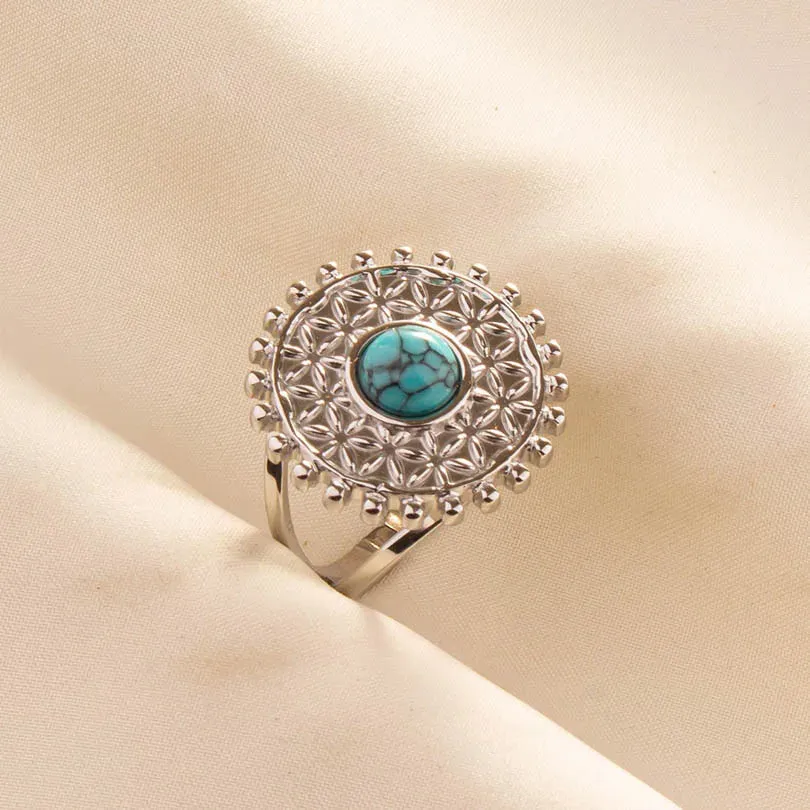 Boho Turquoise Adjustable Ring - Stainless Steel Ethnic Jewelry