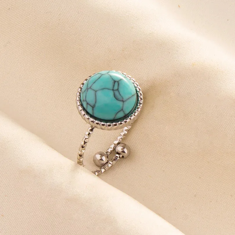 Boho Turquoise Adjustable Ring - Stainless Steel Ethnic Jewelry