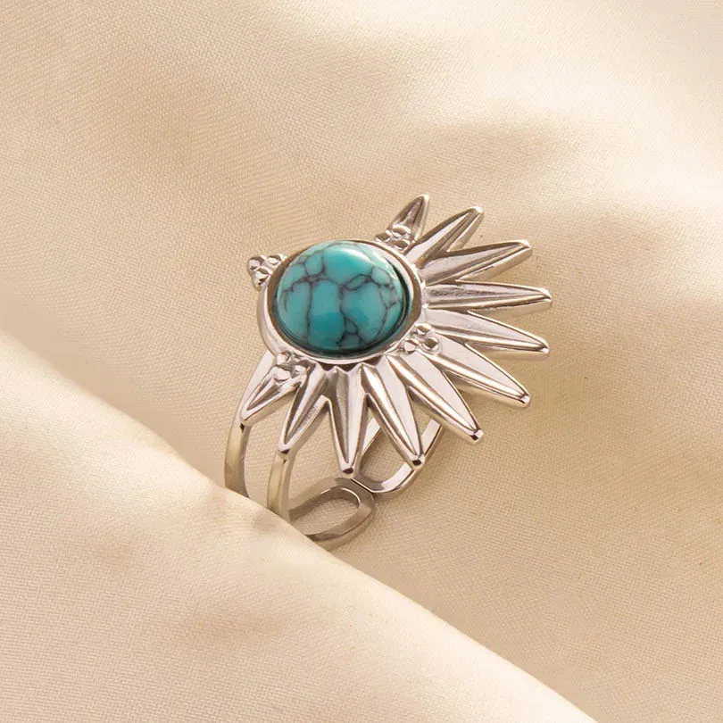 Boho Turquoise Adjustable Ring - Stainless Steel Ethnic Jewelry