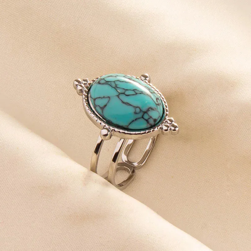 Boho Turquoise Adjustable Ring - Stainless Steel Ethnic Jewelry