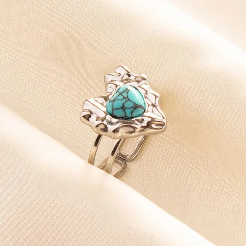 Boho Turquoise Adjustable Ring - Stainless Steel Ethnic Jewelry