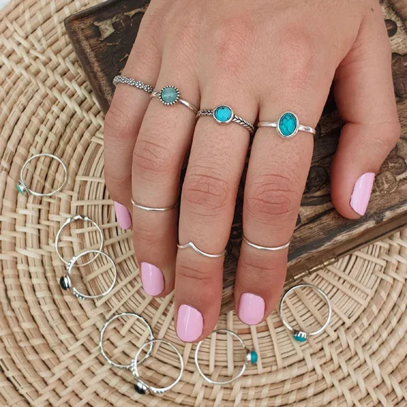 Boho Turquoise Adjustable Ring - Stainless Steel Ethnic Jewelry