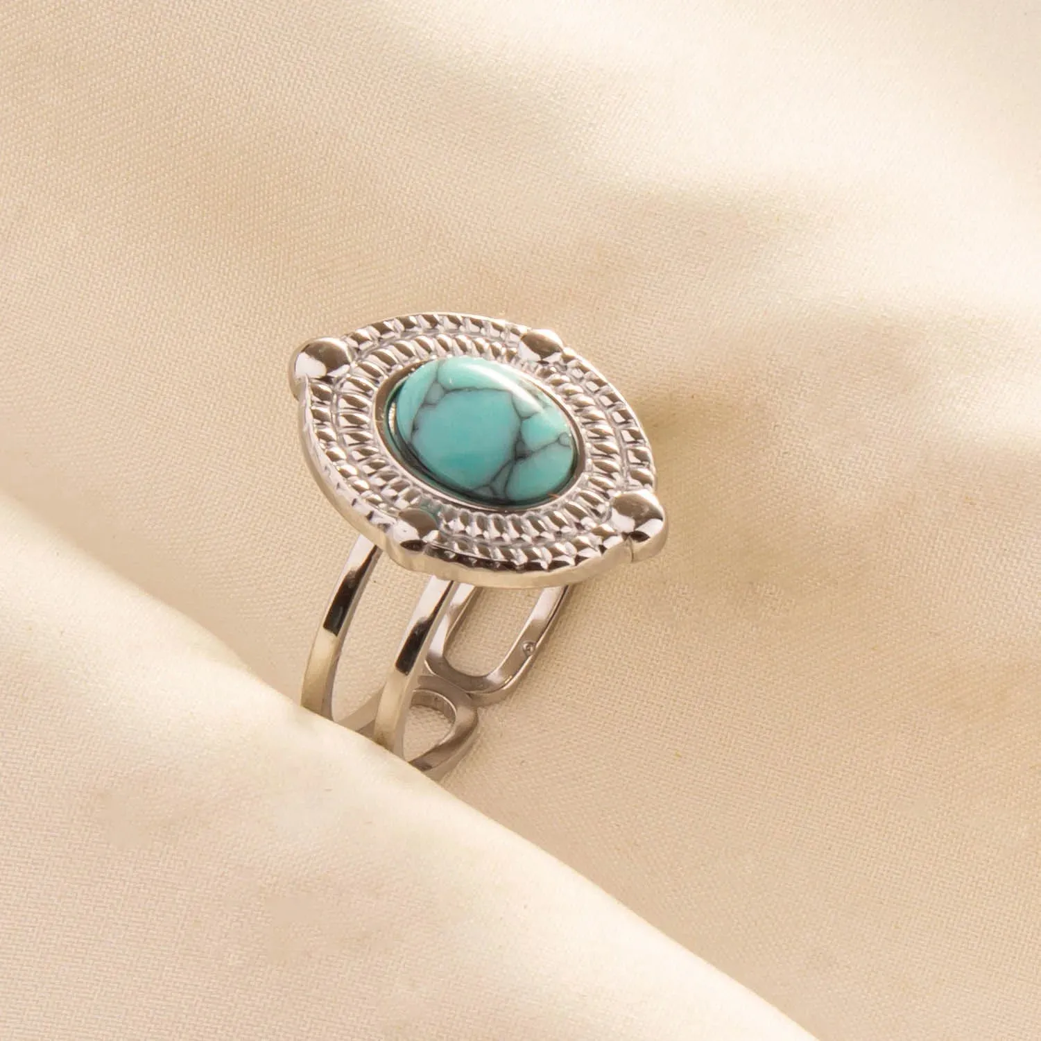 Boho Turquoise Adjustable Ring - Stainless Steel Ethnic Jewelry