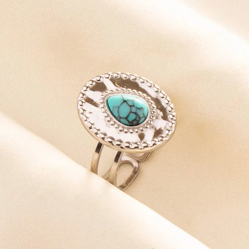 Boho Turquoise Adjustable Ring - Stainless Steel Ethnic Jewelry