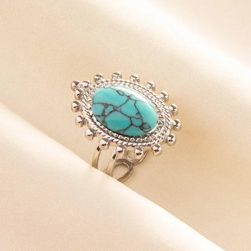 Boho Turquoise Adjustable Ring - Stainless Steel Ethnic Jewelry