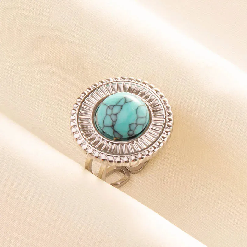 Boho Turquoise Adjustable Ring - Stainless Steel Ethnic Jewelry