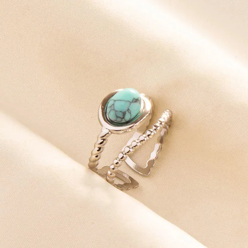 Boho Turquoise Adjustable Ring - Stainless Steel Ethnic Jewelry