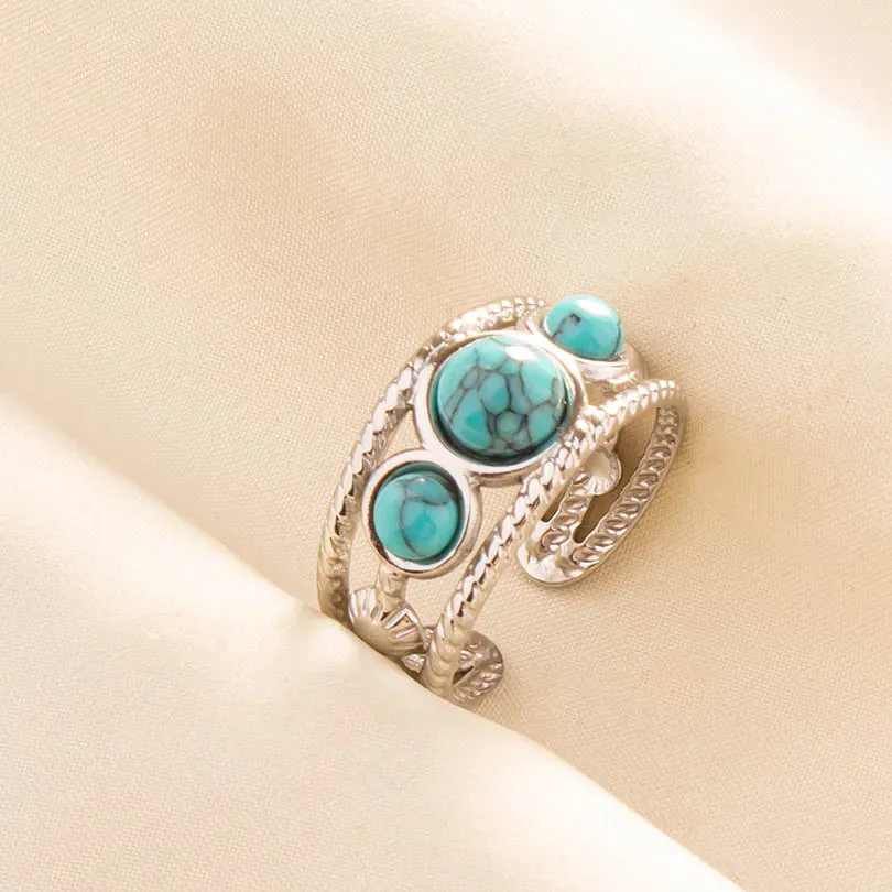 Boho Turquoise Adjustable Ring - Stainless Steel Ethnic Jewelry