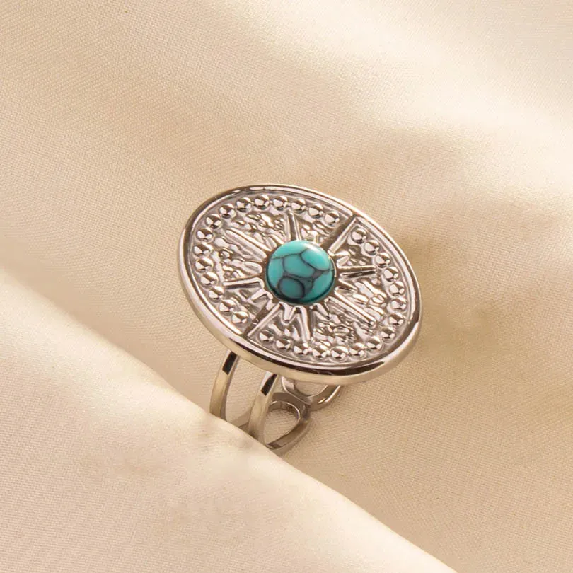 Boho Turquoise Adjustable Ring - Stainless Steel Ethnic Jewelry