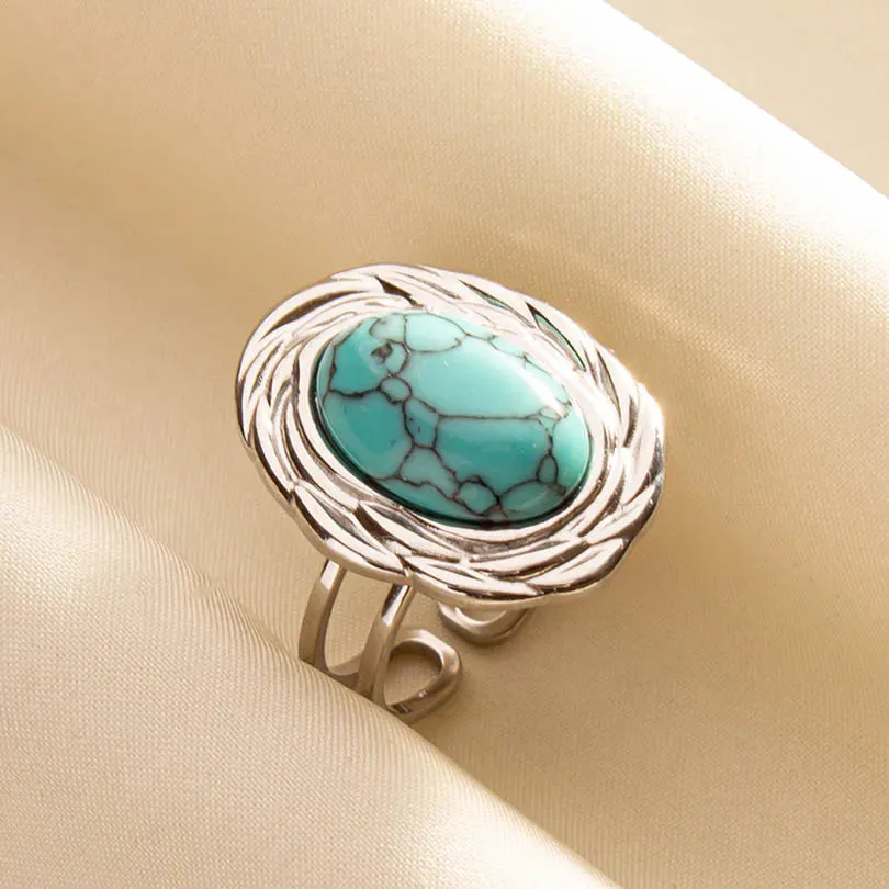 Boho Turquoise Adjustable Ring - Stainless Steel Ethnic Jewelry