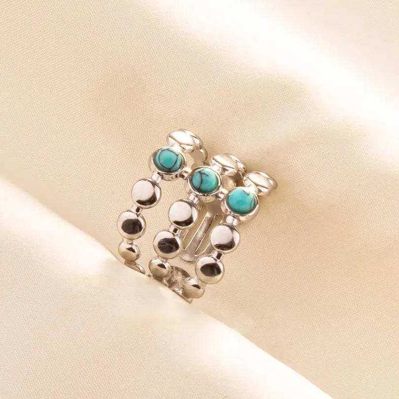 Boho Turquoise Adjustable Ring - Stainless Steel Ethnic Jewelry