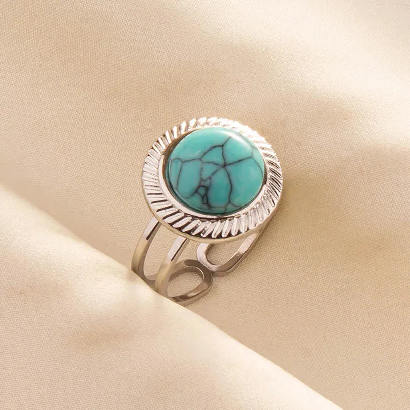 Boho Turquoise Adjustable Ring - Stainless Steel Ethnic Jewelry