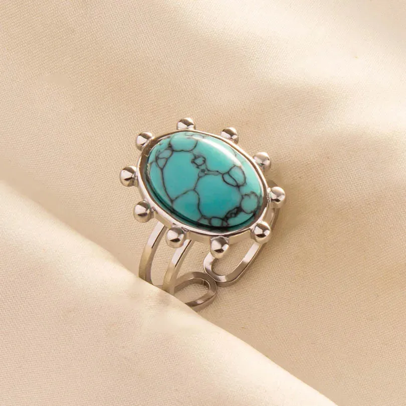 Boho Turquoise Adjustable Ring - Stainless Steel Ethnic Jewelry