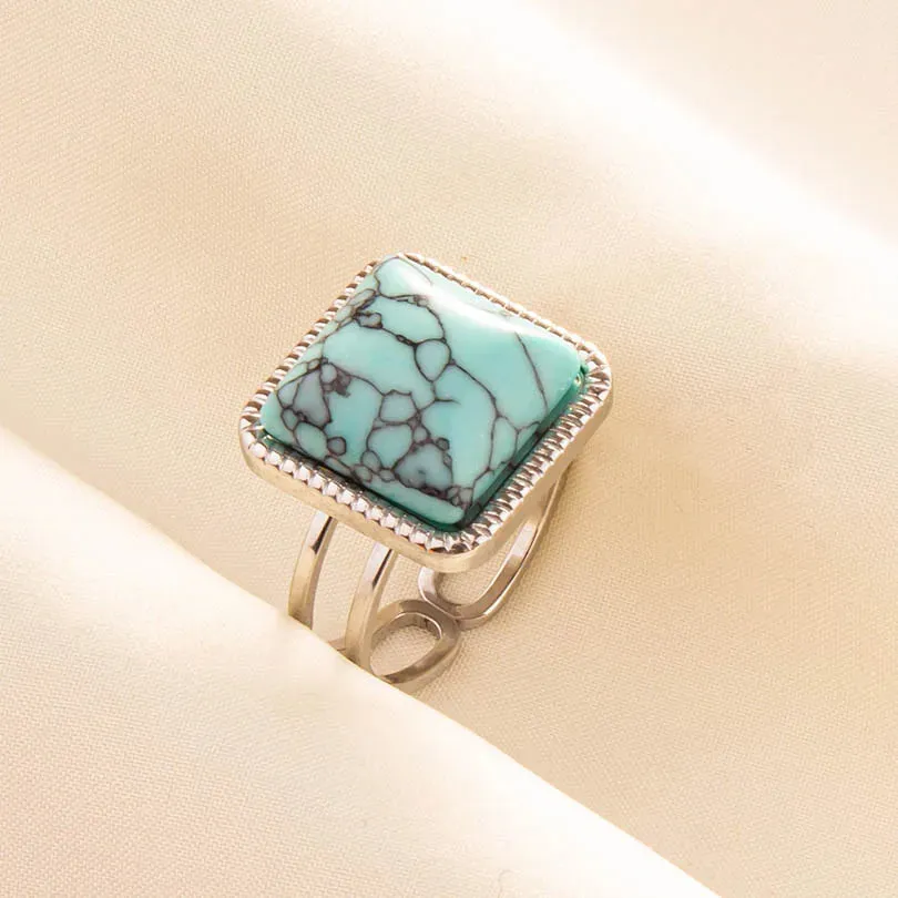 Boho Turquoise Adjustable Ring - Stainless Steel Ethnic Jewelry