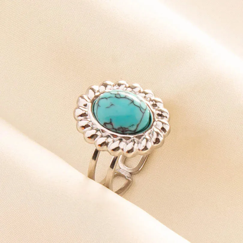 Boho Turquoise Adjustable Ring - Stainless Steel Ethnic Jewelry