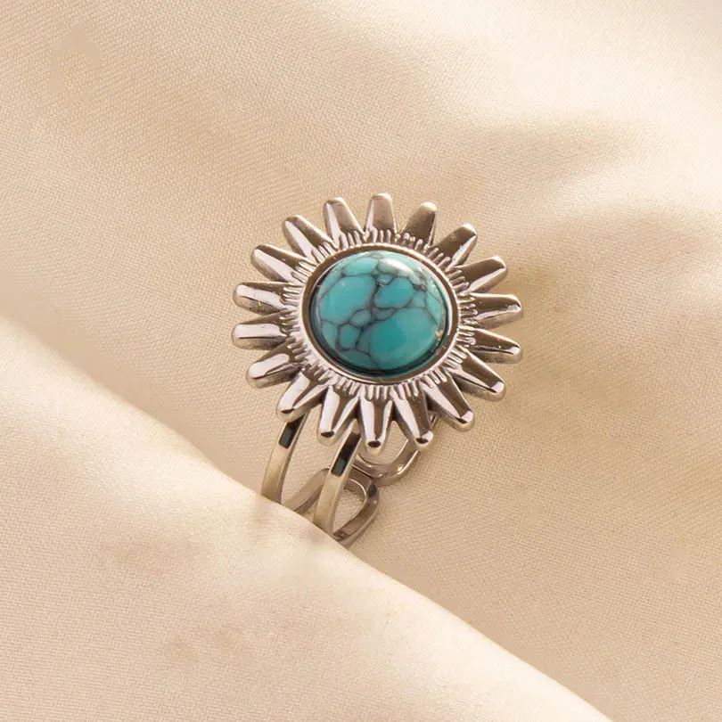 Boho Turquoise Adjustable Ring - Stainless Steel Ethnic Jewelry